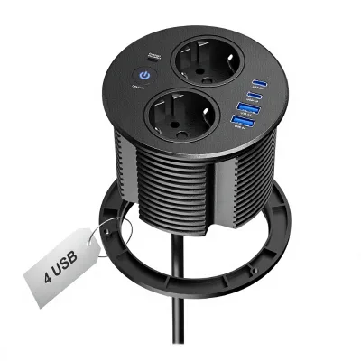 Round Recessed Socket USB-C PD 20W 2 Tray Switch 2 USB-A 18W 4 USB Ports 1.8m Cable Worktop Kitchen Black