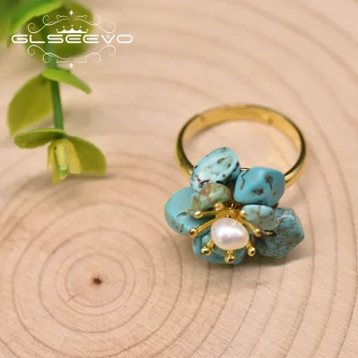 Original Turquoise Ring for Women 925 Silver Plated With 18k Gold Natural Freshwater Pearl Flower Shape Ring