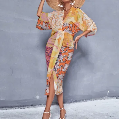 Wholesale Dress Floral Printing Chiffon Color Contrast Casual Dresses