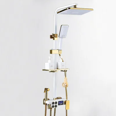 Manufacturer's Direct Delivery Bathroom Luxury Thermostatic Shower Set Wall Mounted Shower Set White Gold Square Handle