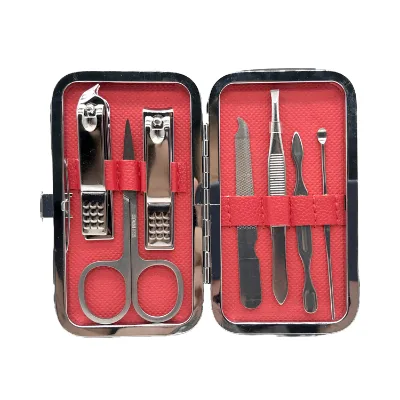 Silver 7 Pieces in 1 Manicure Set PU Gift Bag Package Include Eyebrow Scissors Oblique Nail Clipper