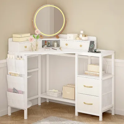 Modern Wood Corner Vanity Desk Charging Station Removable 49.6" Makeup Table Fabric Drawers Side Pocket Space-Saving Assembled