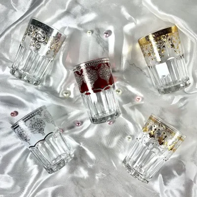 6oz Classic Morocco Style Engraved Glass Tumbler for Water and Tea Drinking Small Glass Tea Cups with Golden Plated