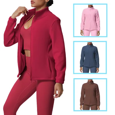 Custom logo Women Winter Loose Fleeced Zip-Up Sweatshirt Casual Warm Stand Collar Athletic Sportswear 2-pieces Set