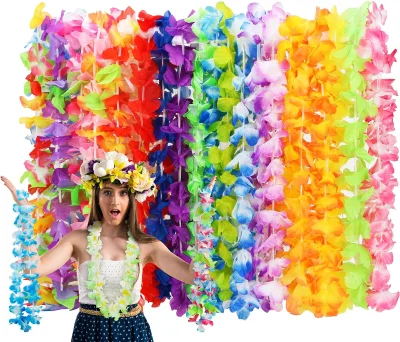 24pcs Leis Luau Party Hawaiian Leis Bulk Decorations Silk Flower Necklace Colorful Tropical Hawaiian Bulk Hula Dance Party Decor