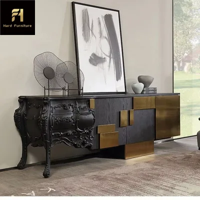 Hot Sale Design Vintage Style Luxury Carved Hallway Black Solid Wood Living Room Sideboard