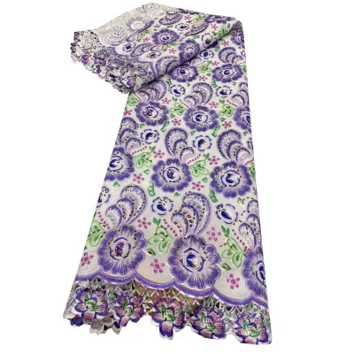 Dark Purple Green Paisley Floral Chiffon Embroidery Lace Fabric Sequined Cutwork Scalloped Edge Wedding Dress Lace Material