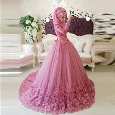 Elegant Hot Pink Long Sleeve Muslim Wedding Dress for Girls