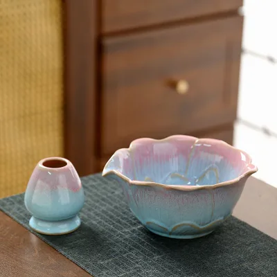 A Ceramic Matcha Bowl with a Lotus Flower-shaped Mouth, a pink and Blue Song Dynasty Tea Whisk Bowl
