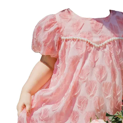 Daily Little Girl's Pink Flower Puff Frock Summer Party Dress With Weeding Details Flower Girls' Dresses for Kids