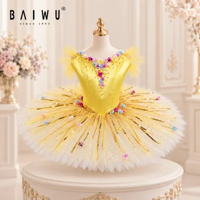 Professional OEM Yellow Ballet Tutu Dress Floral Sequin Rhinestone Stage Performance Dance Costume Custom Made