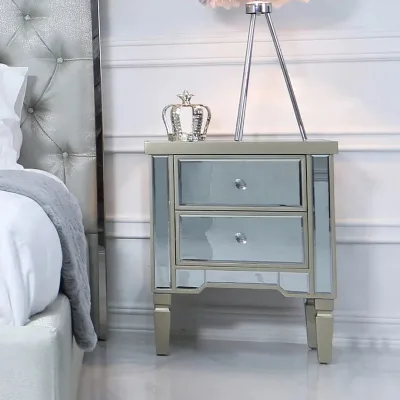 Glam Georgia Champagne Luxe Mirrored 2 Drawer Bedside Cabinet Chest for Bedroom Decor Living Room