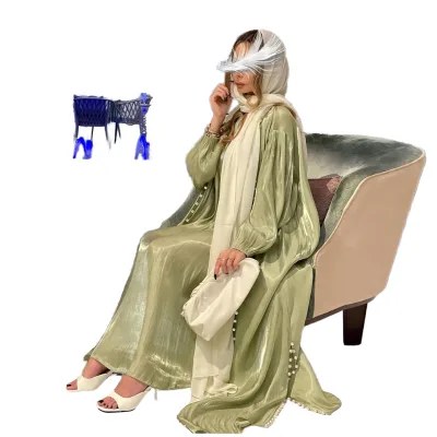 Muslim Solid Color FOAM BEAD ABAYA Two-Piece Set in Bright Silk Satin and Lace for Autumn and Spring Seasons