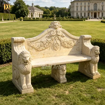 Hand Carved Lion Head Marble Bench Outdoor Garden Stone Chair