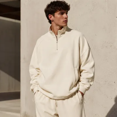 Custom Men's Quarter Zip Tech Fleece Applique Regular Fit Sweatshirt Jogger Pants Set Minimalist Casual Streetwear OEM
