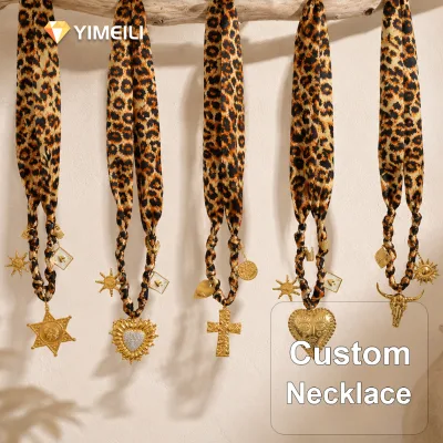 YIMEILI&Vintage Leopard Print Silk Scarf Twisted Rope Necklace Stainless Steel PVD Gold Plated Cross Pendant Necklace for Women