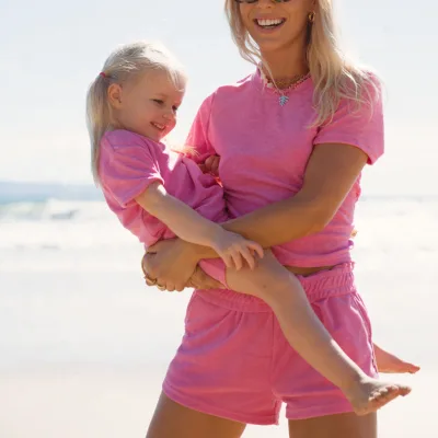 KY Wholesale Terry Towel Tshirt and Shorts Beach Matching Mom and Daughter Classic Set Outfits