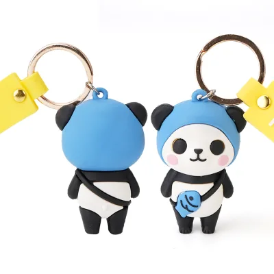 Hot Sale Cute Panda 3D Rubber Keychain With Wristband Customized Logo and Color Full 3D PVC Keychains
