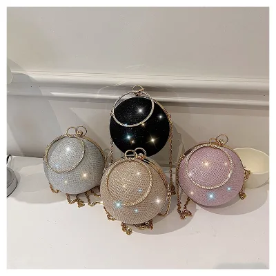 Small Round Ball Bag for Evening Gown Fashionable Mini Shoulder Bag Crystal Deco for Banquet Wedding Featuring Chains Style