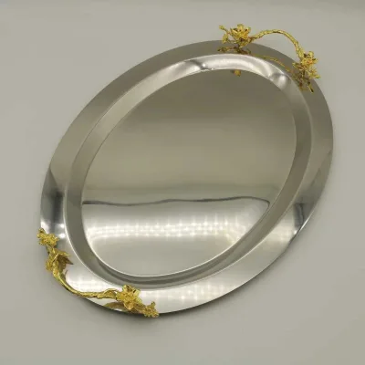 Wholesale HAICHENG Hotel Restaurant Korean 201 Oval Stainless Steel Food Serving Tray Gold Craft Handle Orchid Butterfly Pattern