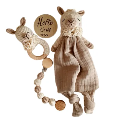 Handmade Crochet Lama Sleep Buddy Set, Pacifier Clip, Sleep Buddy, Rattle Soft Toy
