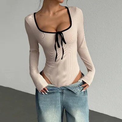 2026 Spring/Summer Independent Website Cross-border Round Neck Bowknot Color Block Long-Sleeved Jumpsuit