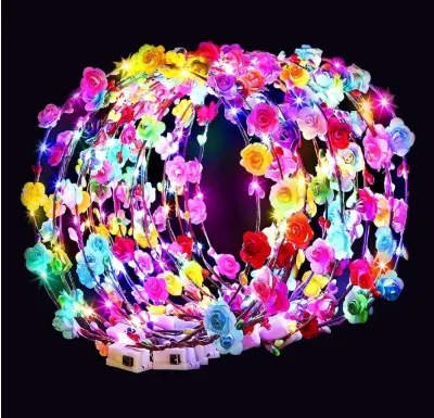 LED Flower Crowns Headbands Women Glowing Dark Color-Changing 8-12 Hours Wedding Reception Birthday Christmas Mardi Gras Party