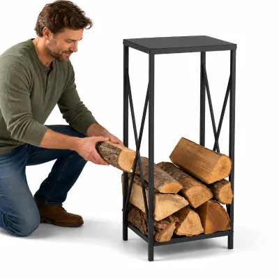 Tall Narrow Black Metal Log Rack with X Brace Sides and Top Shelf for Indoor Outdoor Firewood Storage Log Rack