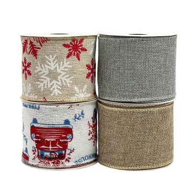 2.5 Inch Linen Wire Ribbon Multicolor Multifunctional Polyester Burlap Custom Logo Printed for Home Decoration Crafting Wrapping