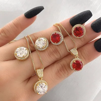Fine Jewelry Set 925 Sterling Silver Multicolor Round Cut Cubic Zirconia Pendant Necklace Sets Women Fashion Jewelry Sets