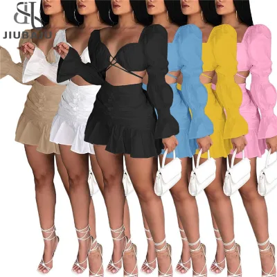 Summer Chiffon Skirt Outfit Set Sexy Women Elegant Two Pieces Hollow Out Club Matching Set Top+Pleated Skirt