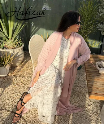 Hafizah Pink Striped Muslim Women Abaya Open Front Long Gown Modest Robe Breathable Polyester for Daily Wear