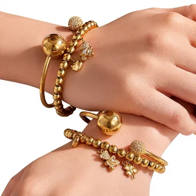 Wholesale Ins Style 18K Gold Plated Stainless Steel Charm Bangle Set with Bear Heart Zirconia Pendant for Women Gift