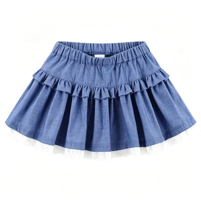 Toddler Girls Soft Cotton  Casual Ruffle Skirt White Lace Hem Elastic Waist Mini-Length Kid Girl Skirt
