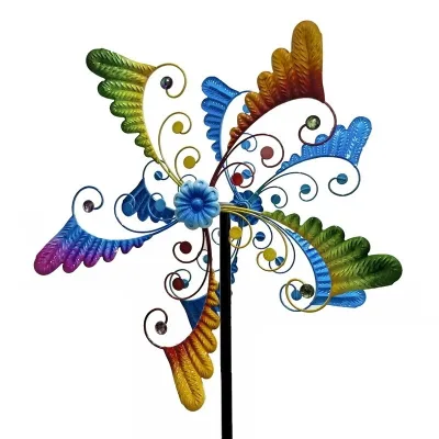 Colorful Metal Angel Wing Flower Wind Spinner Stake Wind Rotating Outdoor Villa Garden Lawn Yard Decor