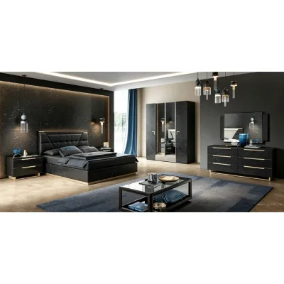 Modern  Luxury Dark Black Melamine Veneer Bedroom Furniture Set Wooden Double Bed Night Stand Dresser Mirror Wardrobe