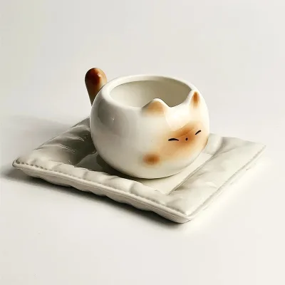 Creative Cute Cat Ceramic Cup Round Shaped Hand Kneaded Underglaze Color for Breakfast Milk Coffee Water Mug Home Suitable Gift