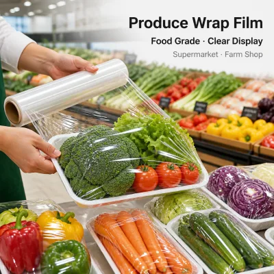 Produce Wrap Film Rolls Supermarket Fruit Vegetable Cling Film Food Grade Stretch Wrap for Fresh Produce Packaging