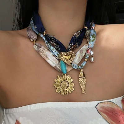 Bandana with Charms Choker Vintage Boho Scarves With Coin Bandana Necklace Silk Small Scarf for Women