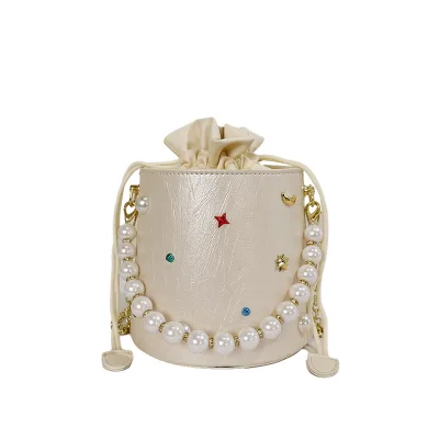 Vintage Womens 2026 Fashionable Sparkling-star Shoulder Bucket Bag with Pearl Handel
