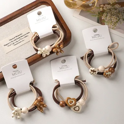 2 High-End Elastic Hair Ties in Simple Milk Tea Color with Small Bear Hair Band Premium Two-in-One Hair Accessories