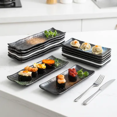 Wholesale 8 Inch Rectangular Porcelain Sushi Plates with Black Serving Tray for Restaurant Home Tableware