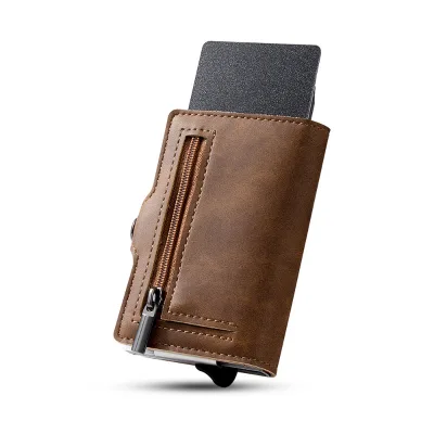 Anti-Theft Button Closure Short Cash Card Holder RFID Metal Case Mens Slim Wallet PU Leather with Coin Pocket