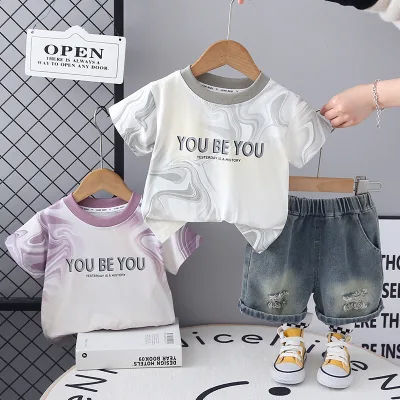 Trendy Versatile Kids T-Shirt Denim Shorts Set Summer Casual Collection Loose Printed Cartoon Pattern Short Sleeve