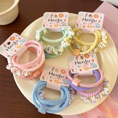 4 Pcs Candy Color Sweet Style Flowers Phone Rope Scrunchies Set Girls Rubber Elastic Hairbands Floral Hair Ties Kids Hair Ropes
