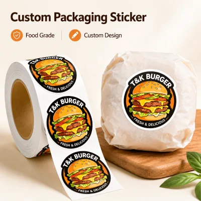 Custom Die Cut Circular Burger Sticker Strong Adhesive Food Brand Logo for Fast Food Wrapping Paper Packaging Stickers
