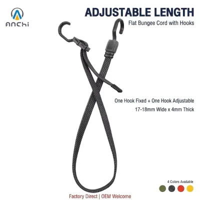 1m Adjustable Flat Bungee Cord PP Coated Steel Hooks 18mm Gray/Black Elastic Tie 60kg Break Strength One Hook Adjustable Bike