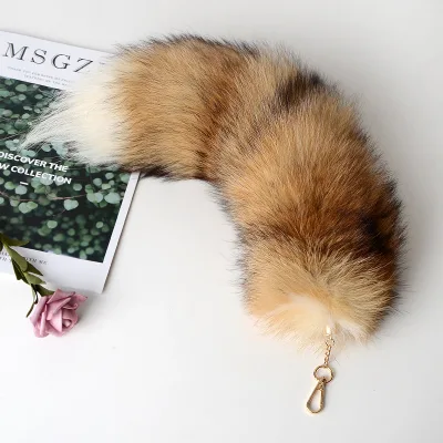 Wholesale Natural Fox Tail Pelt Keychain with Raw Pattern Soft Toy Key Ring 40cm