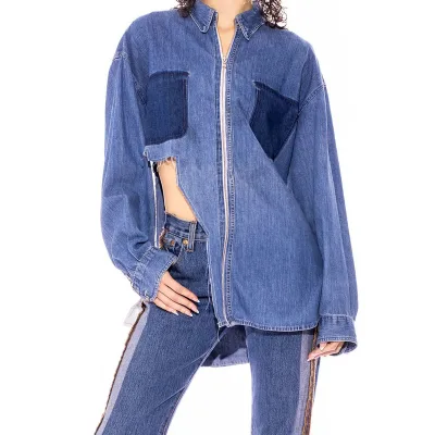 Custom Jeans Manufacturer RAW ZIP-UP COLLARED SHIRT in VINTAGE DENIM Damaged Jacket Coat for Ladies Women