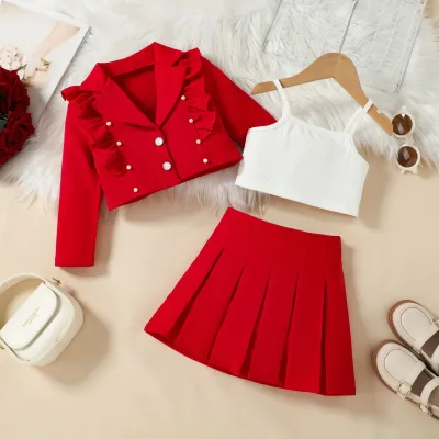 New Sweet Casual Spring/Autumn Girls' Two-Piece Set Breathable Ruffled Sleeve Blazer Camisole Pleated Skirt Polyester Children's